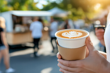 Hand holding cup of latte art at outdoor cafe during lively festival. Warm sunlight enhances coffee experience. Concept coffee culture, food vendors, community events
