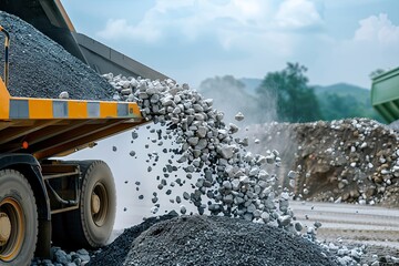 A heavy truck dumps a load of crushed rocks and stones