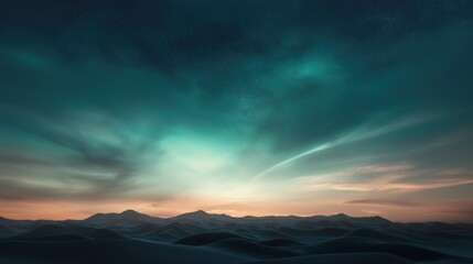 Obraz premium Landscape photograph of a mountain range at sunset. the sky is filled with stars and the colors of the sky are a mix of blue, green, and orange hues.