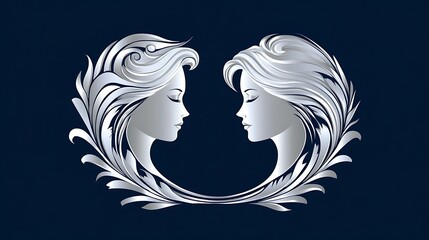 Silver twin women faces in ornate frame.