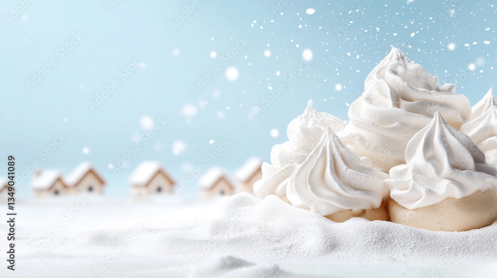 Poster close-up of a stack of meringue cookies on a bed of snow. the cookies are golden brown and have a fl