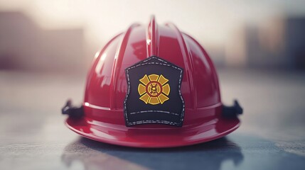 Red Firefighter Helmet on a Surface, Urban Background