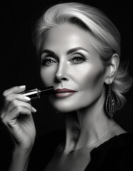 Obraz premium beautiful mature woman with gray hair wrinkles presenting lipstick. black and white