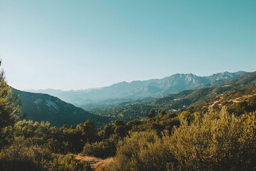 Obraz premium Wide-angle landscape featuring a clear sky with mountains in the background, suitable for product placement or text