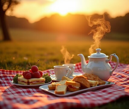 A warm and inviting close-up of a picnic scene at sunset, with a delectable spread of finger foods, sandwiches, fruits, and pastries arranged artfully on a vibrant red and white checkered blanket, acc