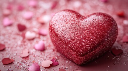 Fototapeta premium A red heart box lies on pink, surrounded by confetti, a romantic scene.