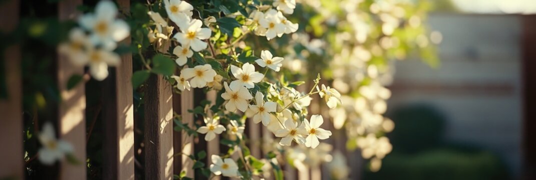 A bright yellow flower vine climbing a fence on a sunny day. - Powered by Adobe