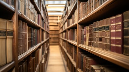 Obraz premium Antique bookshelves, library aisle, aged volumes, research, education