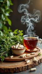 A cup of tea with steam rising from it, next to a bowl containing small magnesium glycinate pills, with herbs around them.