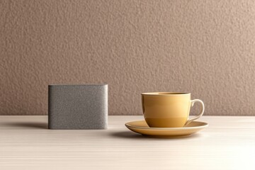 Obraz premium Minimalist scene features yellow cup on saucer beside grey block