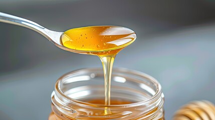 A silver spoon dripping golden liquid into a glass jar