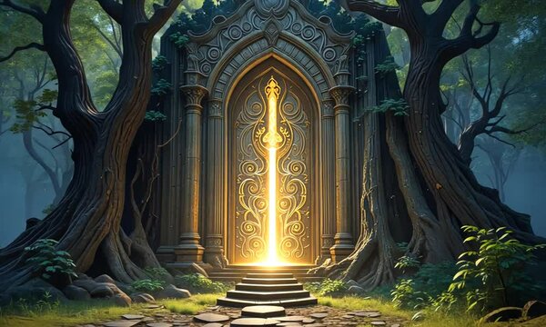 A glowing golden portal framed by ancient stone archway, surrounded by enchanted forest and magical atmosphere. Concept of fantasy adventure