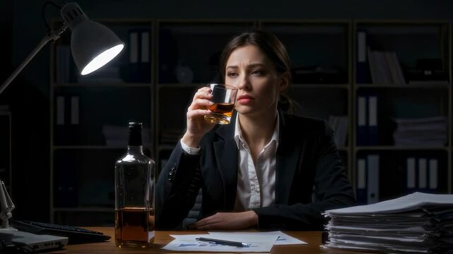 A stressed woman in a business suit sits at her desk, sipping whiskey under a desk lamp. Her tired expression and stack of paperwork suggest exhaustion and burnout