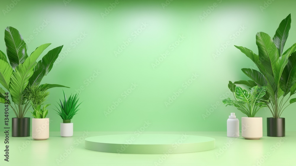 Poster a vibrant green backdrop with various potted plants arranged around a circular platform, creating a 