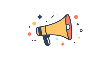 Stylized megaphone icon with colorful elements on white background with copy space