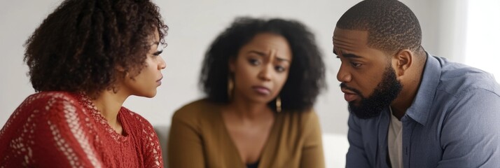 Four diverse adults discussing a topic intently.