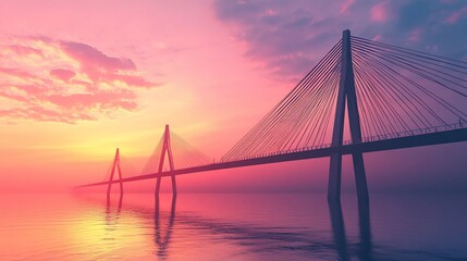 Obraz premium Majestic Bridge Silhouette Against a Stunning Sunset Sky Reflection