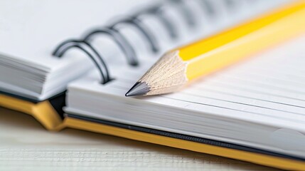 A yellow pencil rests on a notebook with open pages
