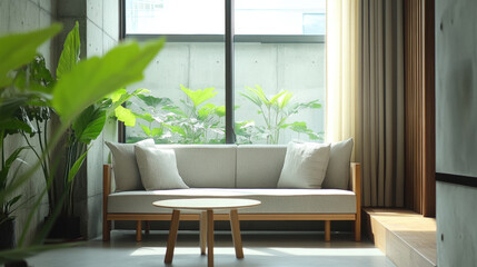 Fototapeta premium Set of sofa seat in living room close up. Sofa placed by the window. 