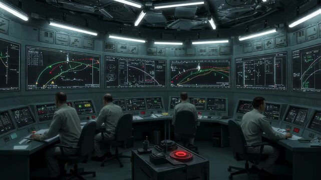 A high-tech military command center with multiple monitors tracking missile trajectories. Officers in uniforms analyze data in a tense, high-security environment filled with technology  