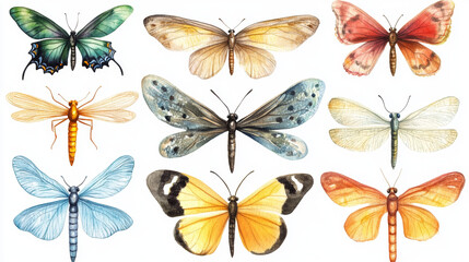 A vibrant watercolor collection of flying insects, featuring butterflies, dragonflies, and bumblebees. This hand-painted set beautifully showcases the rich colors and delicate details of each species