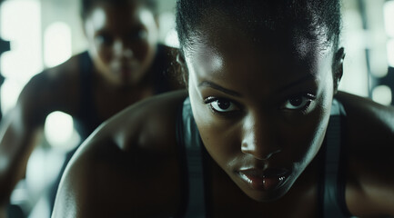Determined athletic woman training hard at the gym, intense fitness session, focused face with blurred exercise background