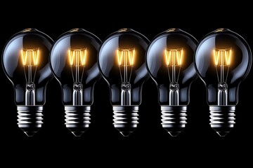 Five illuminated incandescent light bulbs arranged on a black background