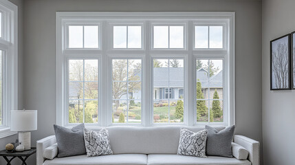 Stylish empty room in white color with window. Scandinavian interior design. 3D illustration
