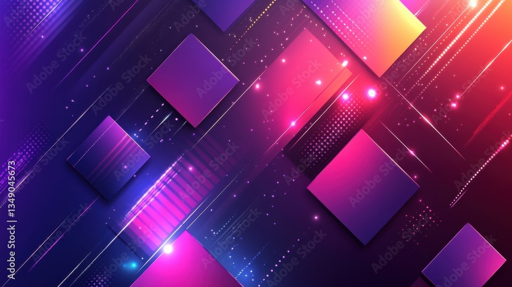 Poster dynamic purple geometric overlap with neon pink highlights, creating a futuristic layered effect on 