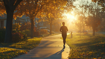 Autumn Runner in Morning Light: Silhouette Exercising in Vibrant Park at Sunrise for Health and Wellness