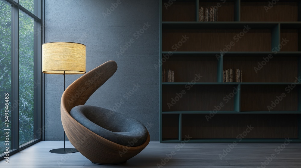 Poster modern living room with a large window on the left side. the window has a view of trees and greenery