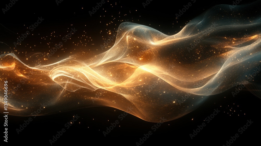Poster dynamic streaming golden particles forming elegant swirling waves, flowing seamlessly through a high