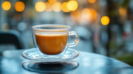 Obraz premium Warm coffee in a clear cup sits on a glass table with a blurred city background during a cozy evening