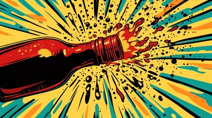 Exploding Ketchup Bottle, Comic Book Style, Burst of Sauce, Bright Background