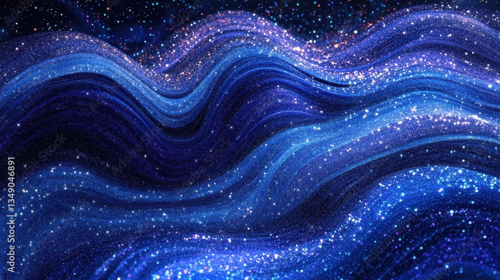 Poster electric blue and violet sparkling particles, dynamically flowing in a swirling data-inspired wave w