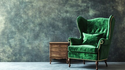 Emerald green wing back chair with pillow in grey living room interior with wooden commode