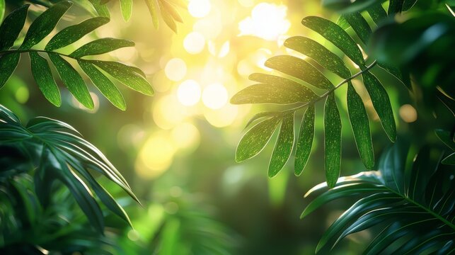 A blurred image of lush foliage and soft sunlight, creating a calm, nature-inspired feel for a caf or restaurant menu