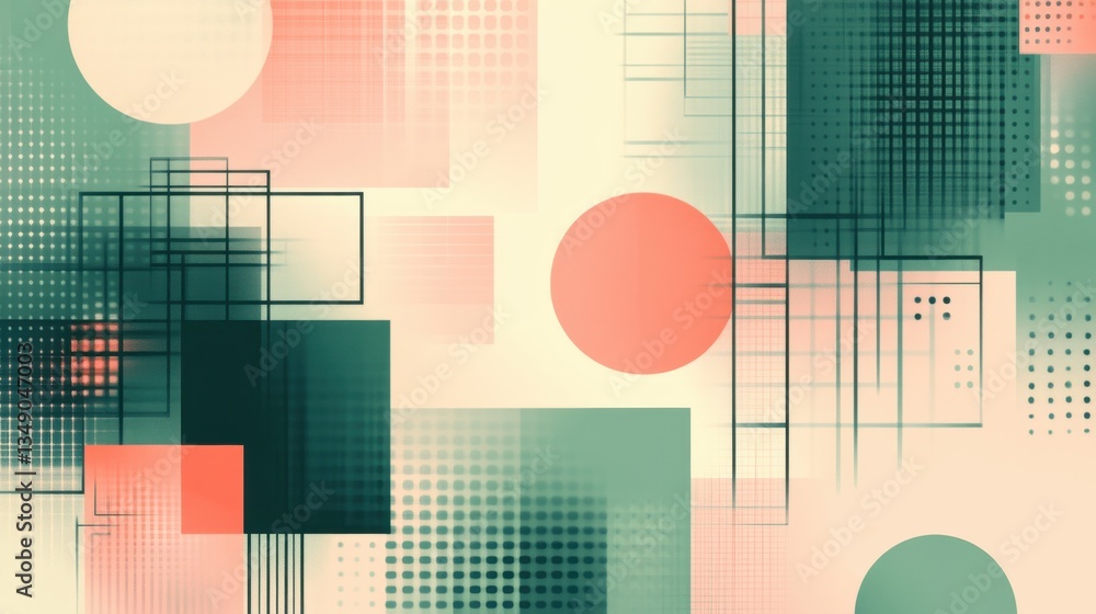 Poster lush forest green and warm peach geometric shapes, creating a futuristic abstract pattern on a paste