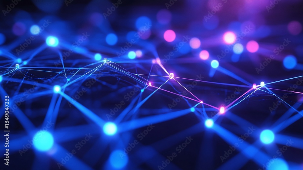 Poster abstract network connection with glowing nodes and lines in blue and purple