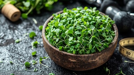 A bowl of mixed microgreens alongside a measuring tape and fitness equipment, symbolizing the health benefits of eating microgreens for a balanced diet