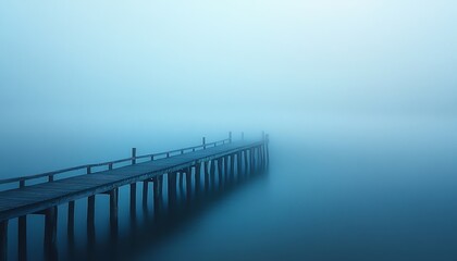 Fototapeta premium Wooden Dock Extending Into Misty Water Minimalist and Tranquil Scene