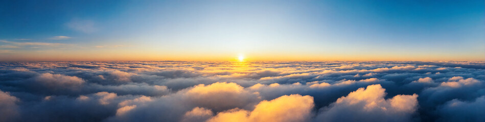 Aerial Sunrise Over Clouds: Golden Horizon Above Fluffy Landscape, panorama, banner