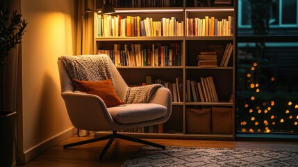 Cozy reading chair in a corner library with Christmas lights
