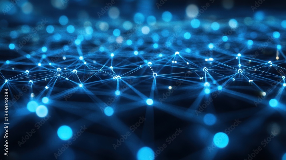 Poster dynamic glowing blue dots forming a swirling pattern, representing an advanced artificial intelligen