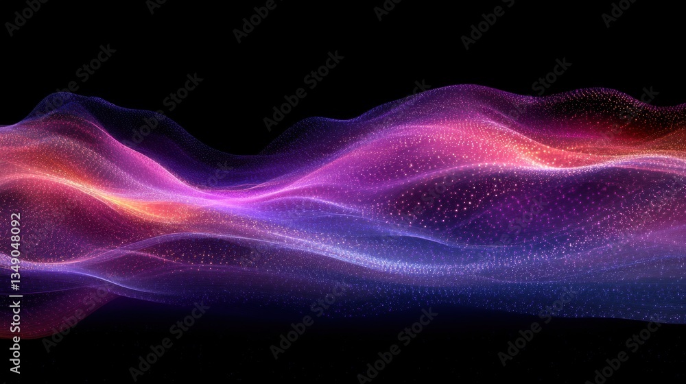 Poster a glowing wave of data points stretching into infinity, simulating big data flow in a dark, high-tec