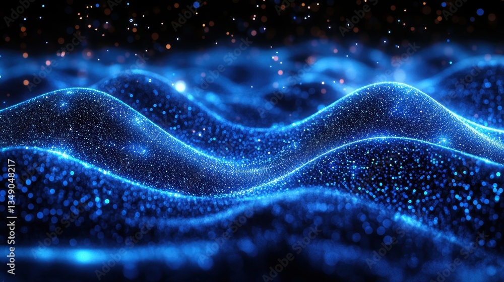 Poster glowing blue cyber particles forming a dynamic wave, representing futuristic digital data flow in a 