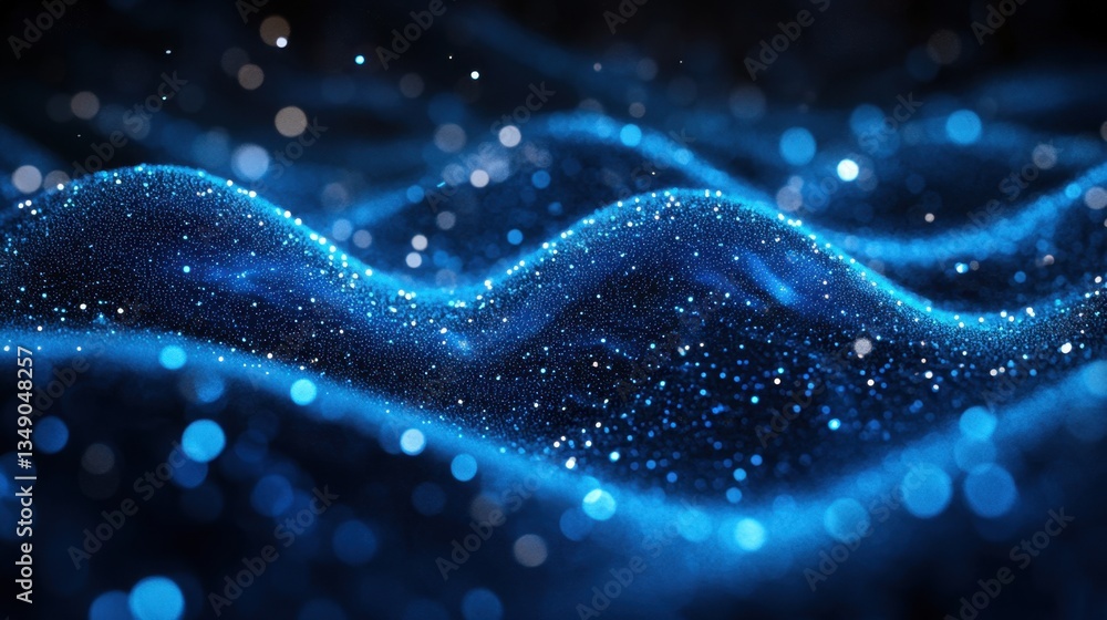 Poster glowing blue cyber particles forming a dynamic wave, representing futuristic digital data flow in a 