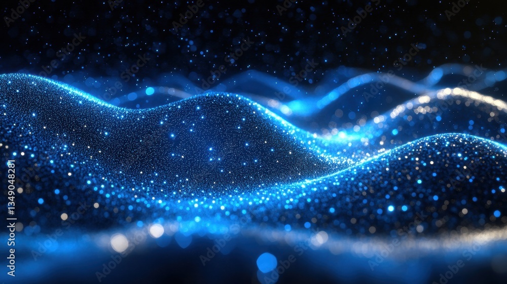 Poster glowing blue cyber particles forming a dynamic wave, representing futuristic digital data flow in a 