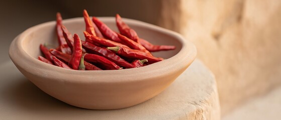 Small, round, terracotta-colored bowl filled with red chili peppers. the bowl is placed on a beige-colored surface, and the background is blurred, making the bowl the focal point of the image.