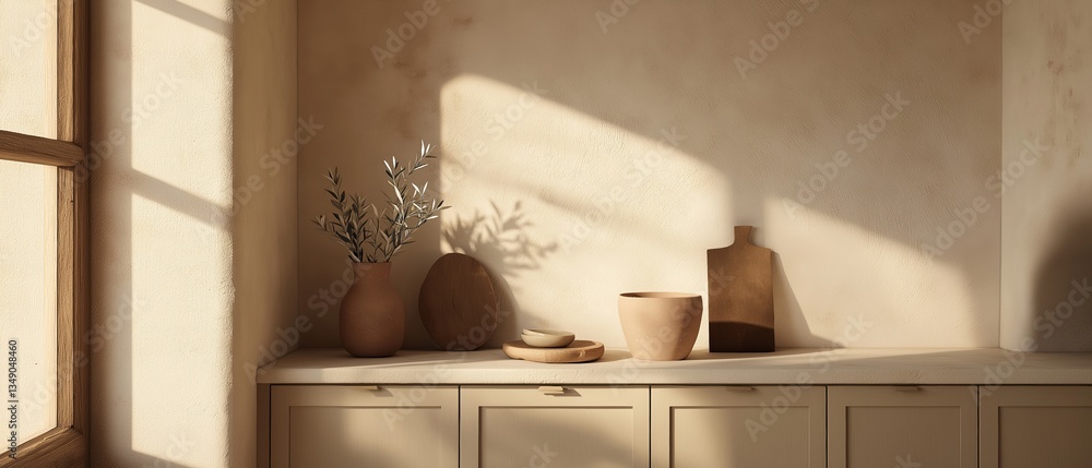 Poster corner of a room with a window on the left side. the window has a wooden frame and is letting in nat